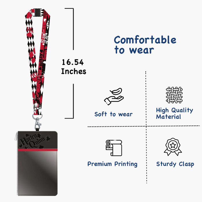 Lanyard with Detachable ID Holder and Zipper DC Harley Quinn Heart Red and Black