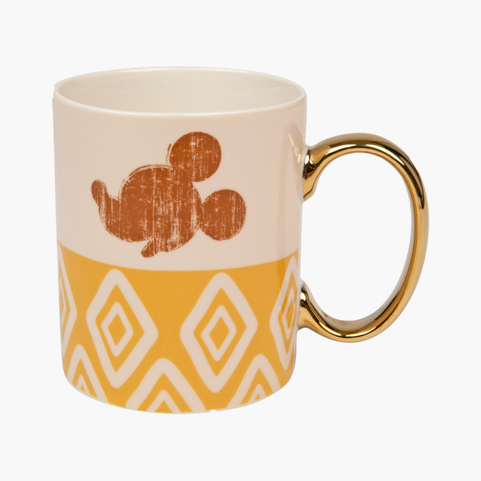 Disney Mickey and Gand Coffee Mug Rhombic Pattern Gold Large C-Handle Cup 11Oz